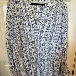 LOFT White and Blue Graphic Blouse Relaxed Fit